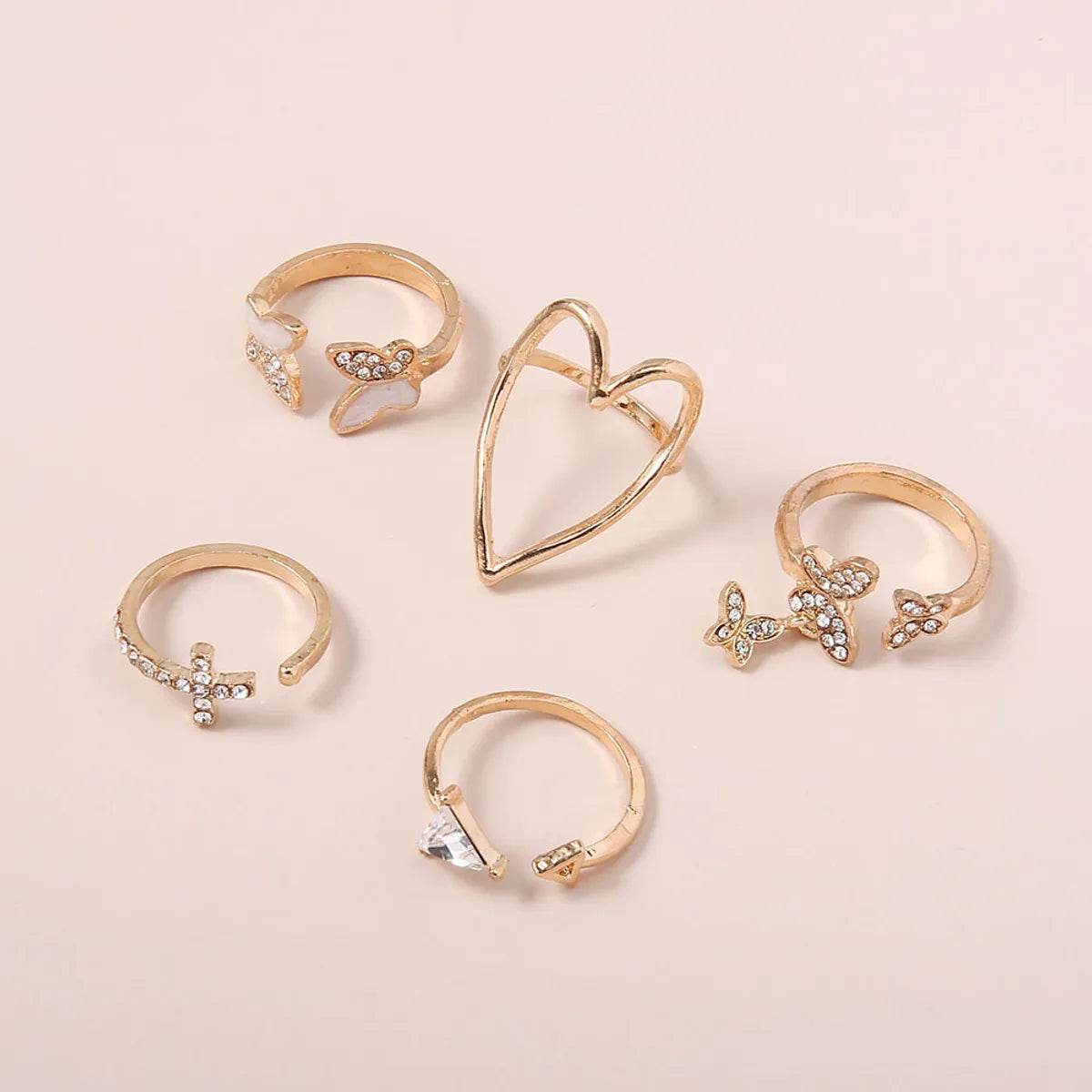 Simple Cross Heart Hollow Diamond Butterfly 5-Piece Ring Set