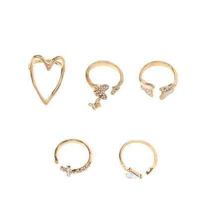 Simple Cross Heart Hollow Diamond Butterfly 5-Piece Ring Set