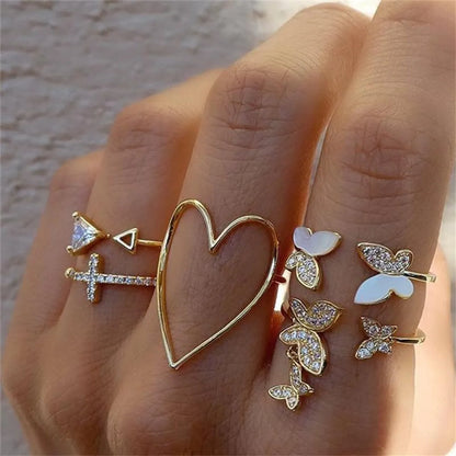 Simple Cross Heart Hollow Diamond Butterfly 5-Piece Ring Set