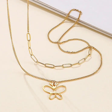 Simple Design Double Layer Butterfly Pendant Titanium Steel Necklace