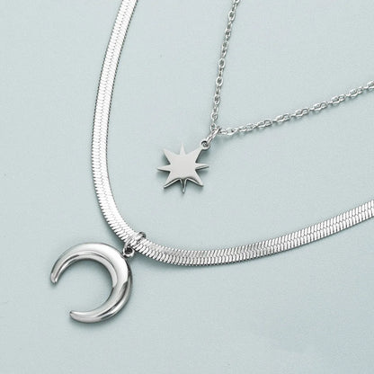 Simple Double-layer Star Moon Titanium Steel Pendant Snake Bone Necklace Wholesale Gooddiy