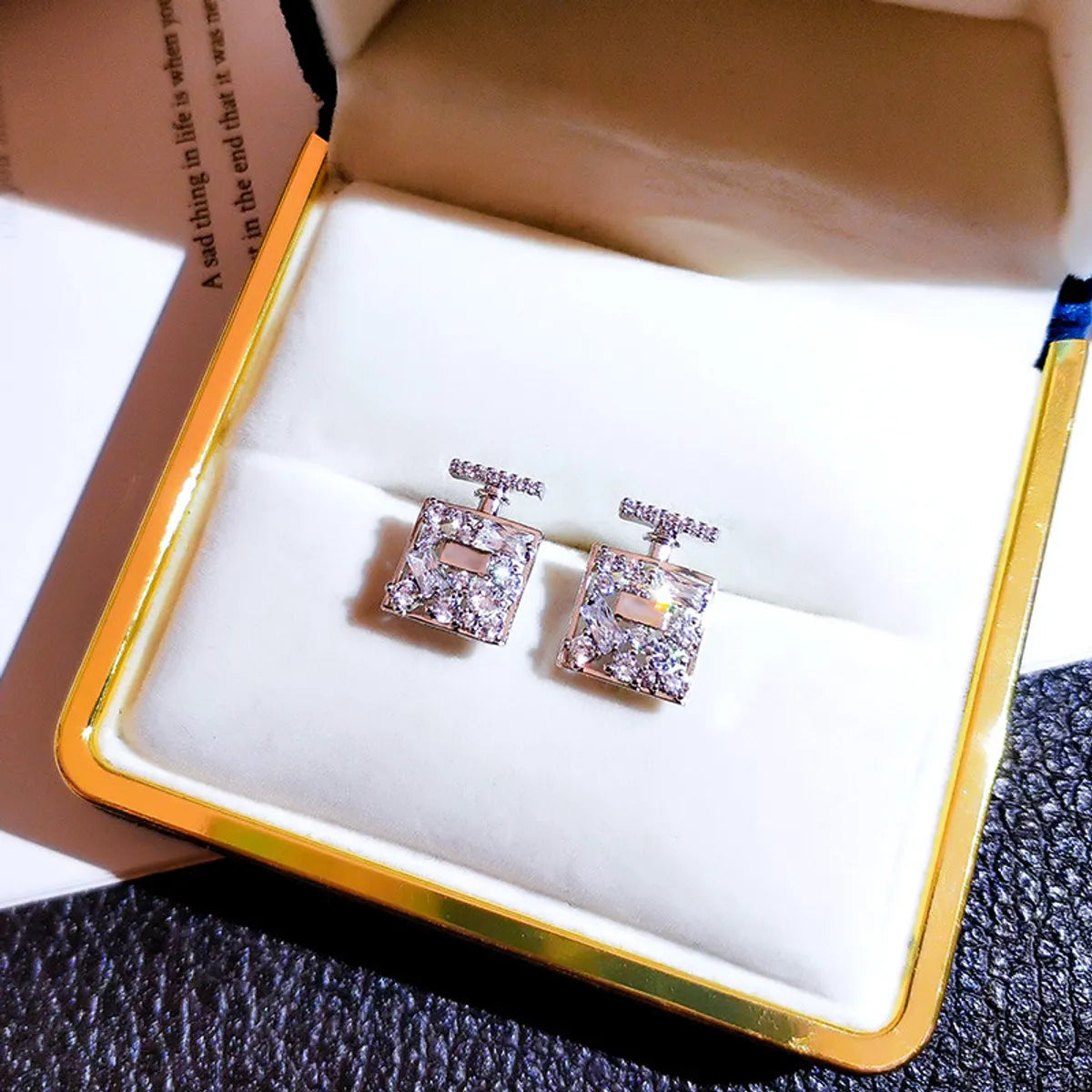 Simple Earrings Trendy Perfume Box Copper Zircon Earrings