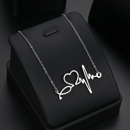 Cross-border Supply Fashion Simple Ecg Heartbeat Titanium Steel Women's Necklace Heart-shaped Pendant Ornaments Wholesale