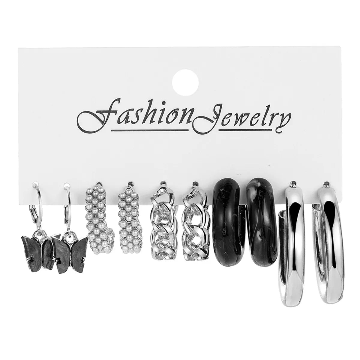 Simple Elegant Pearl Embedded Black Butterfly C-shaped Acrylic Earrings Set