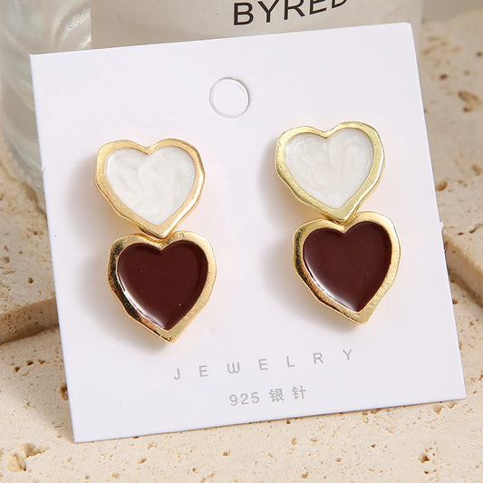 Simple Elegant Women's White Red Dropping Oil Love Heart Earrings