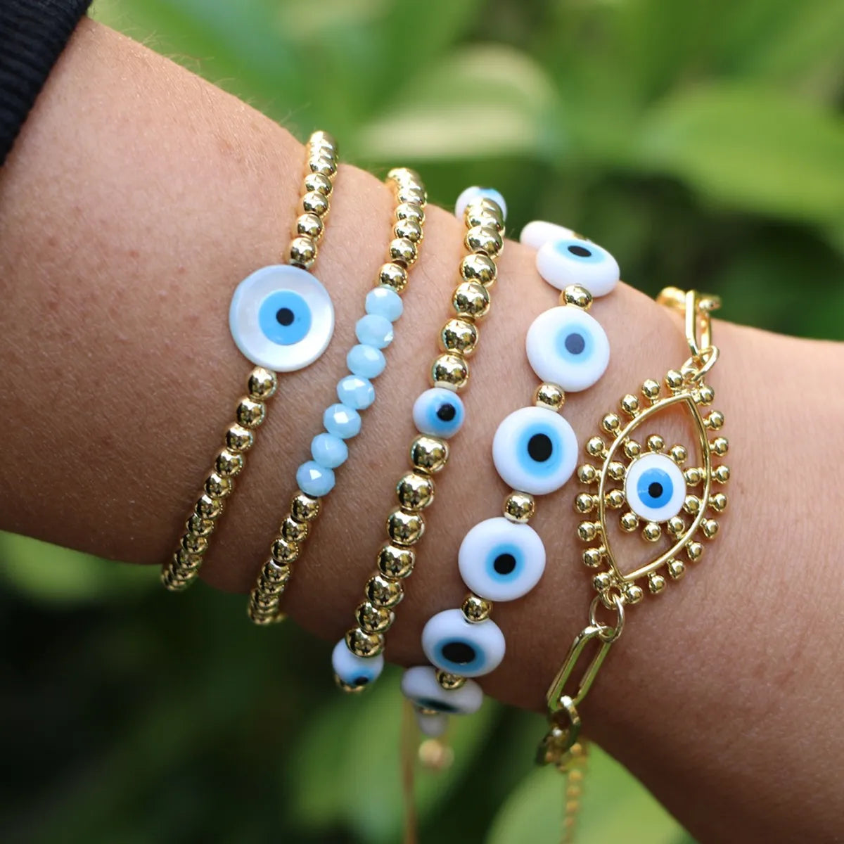 Simple Ethnic Colored Glaze Evil Eye Color Gold Bead Multi-layered Bracelet