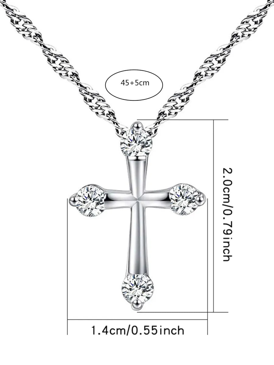 Simple Fashion White Zircon Cross Pendant Copper Necklace