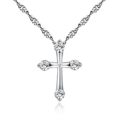 Simple Fashion White Zircon Cross Pendant Copper Necklace