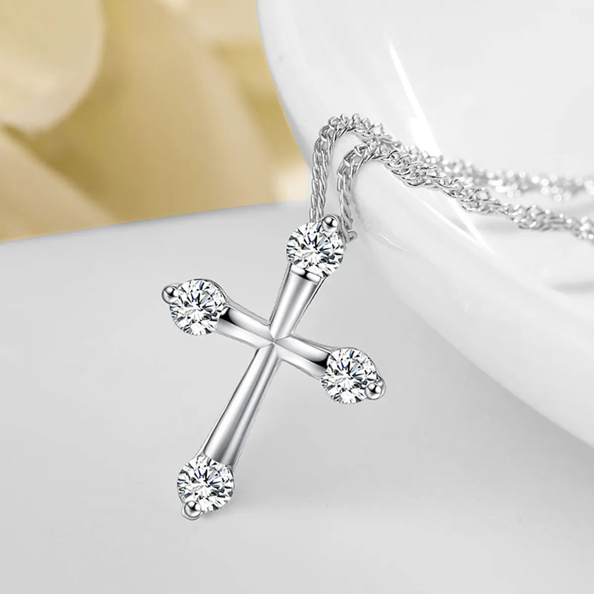 Simple Fashion White Zircon Cross Pendant Copper Necklace