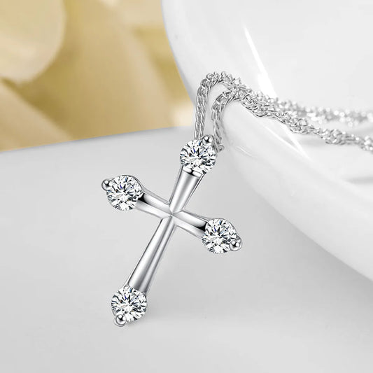 Simple Fashion White Zircon Cross Pendant Copper Necklace