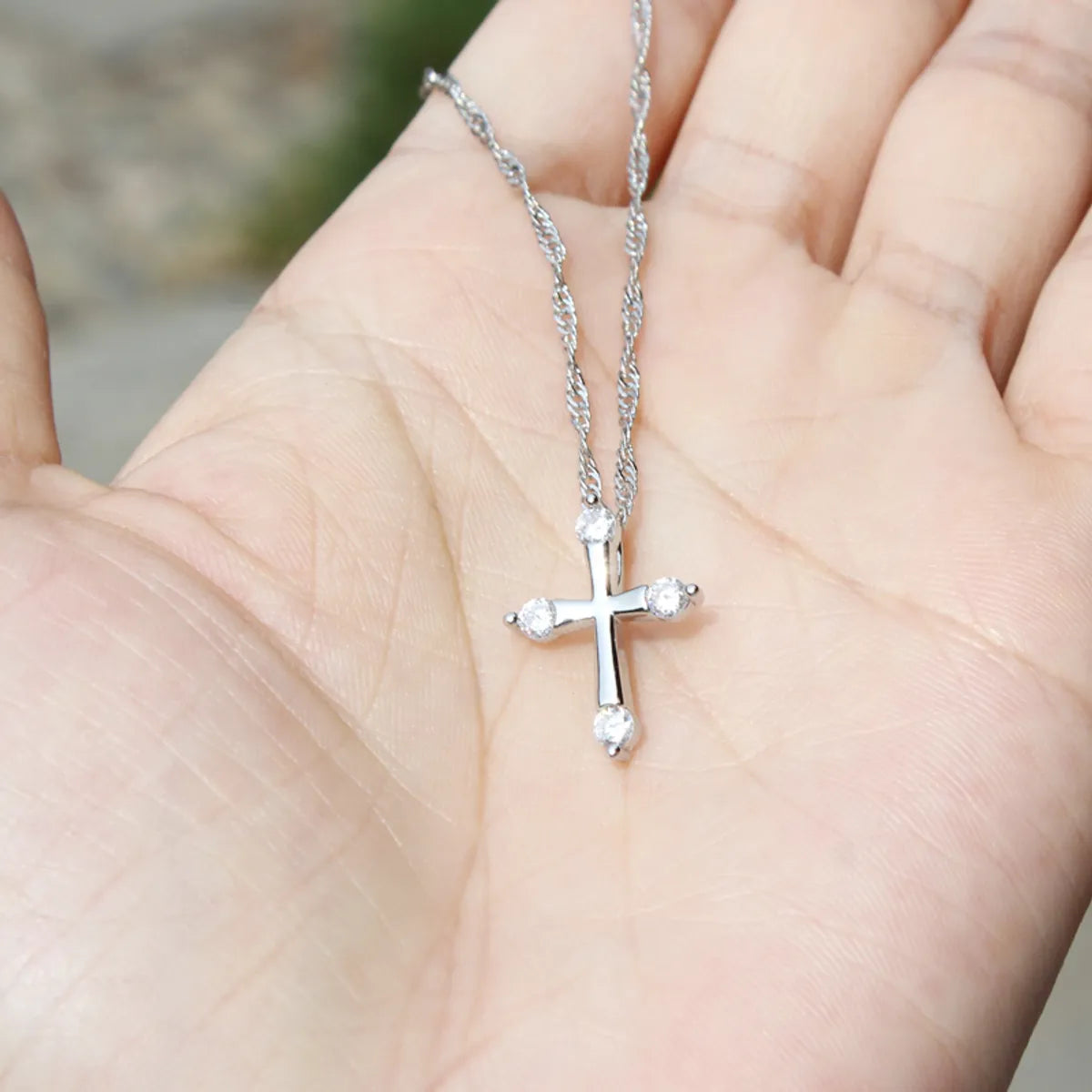 Simple Fashion White Zircon Cross Pendant Copper Necklace