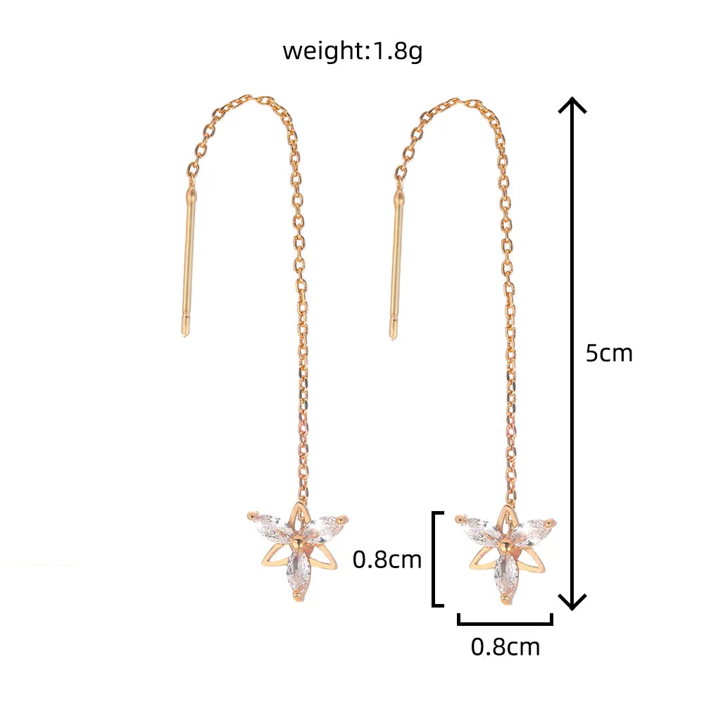 Simple Fashionable Golden Flower Zircon Long Metal Earrings Wholesale