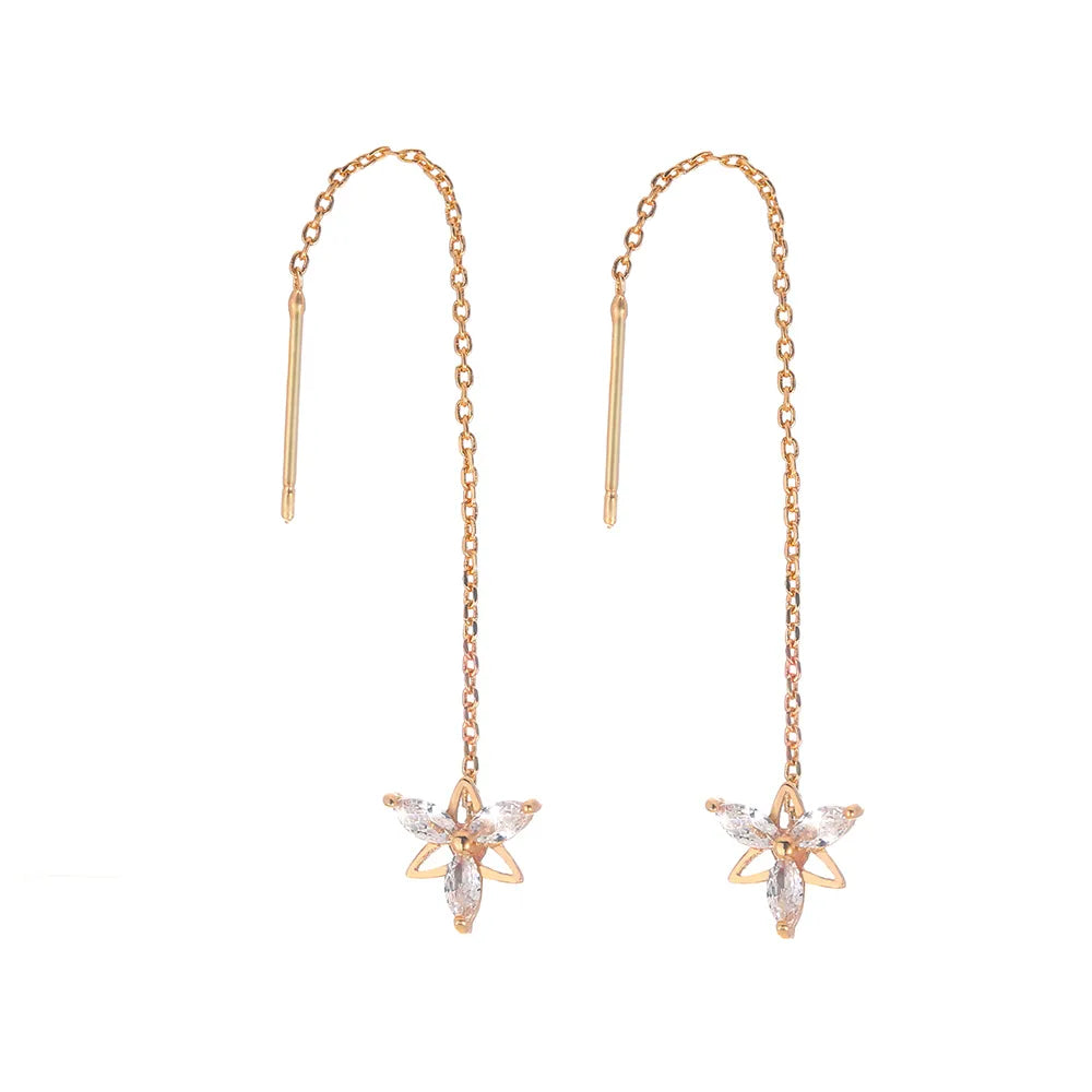 Simple Fashionable Golden Flower Zircon Long Metal Earrings Wholesale