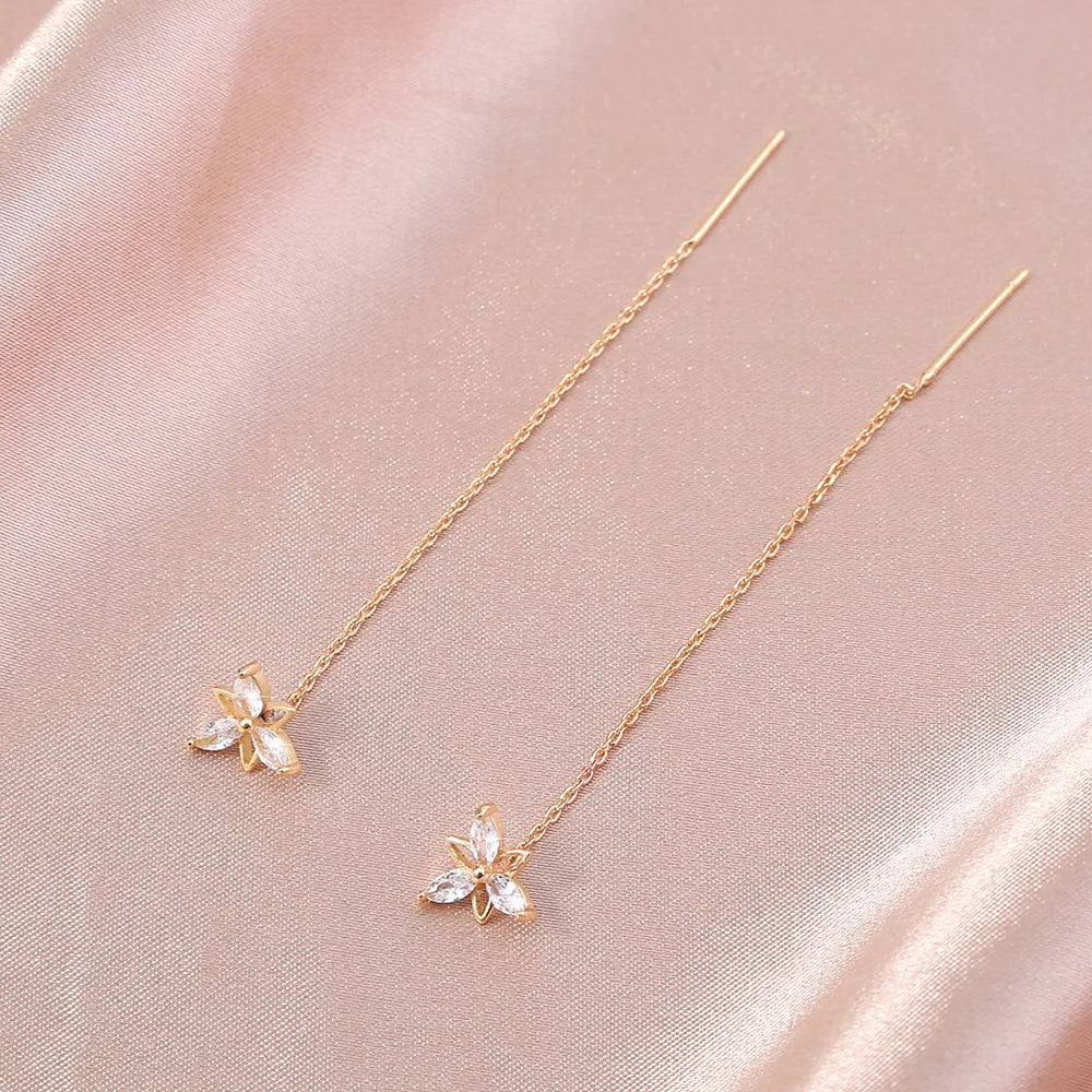 Simple Fashionable Golden Flower Zircon Long Metal Earrings Wholesale