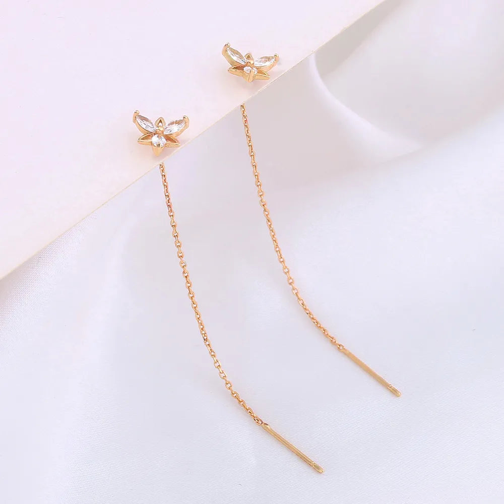 Simple Fashionable Golden Flower Zircon Long Metal Earrings Wholesale