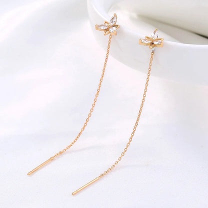 Simple Fashionable Golden Flower Zircon Long Metal Earrings Wholesale