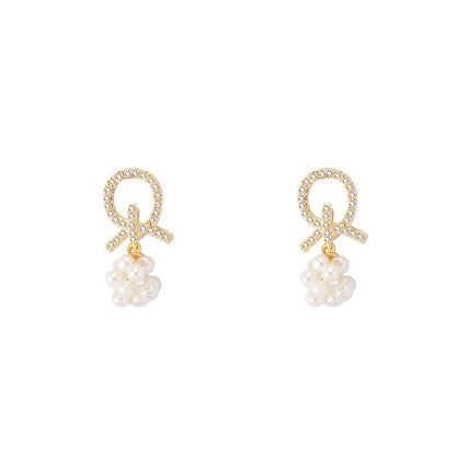 Simple Full Of Diamond Crossed Pearl Ball Pendant Earrings