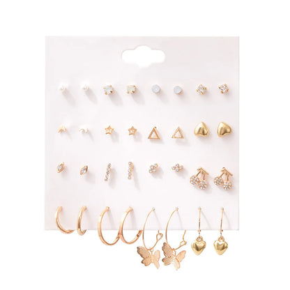 Simple Geometric Alloy Small Earrings Set 16 Pairs One Card