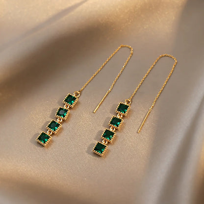 Simple Geometric Emerald Long Tassel Earrings