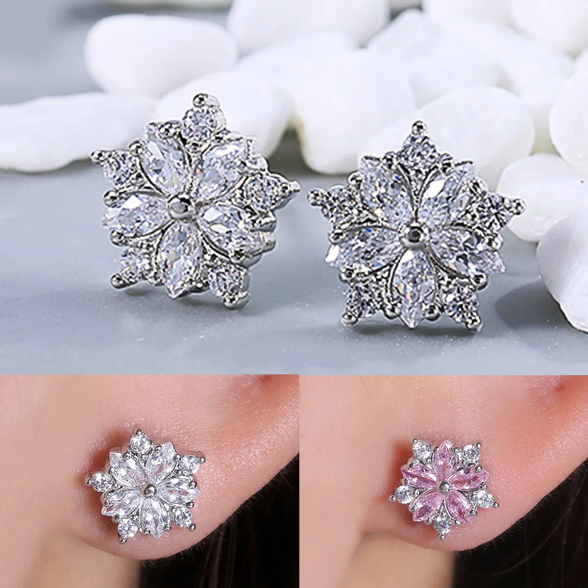 Simple Geometric Flower Shaped Inlaid Zircon Copper Earrings Wholesale