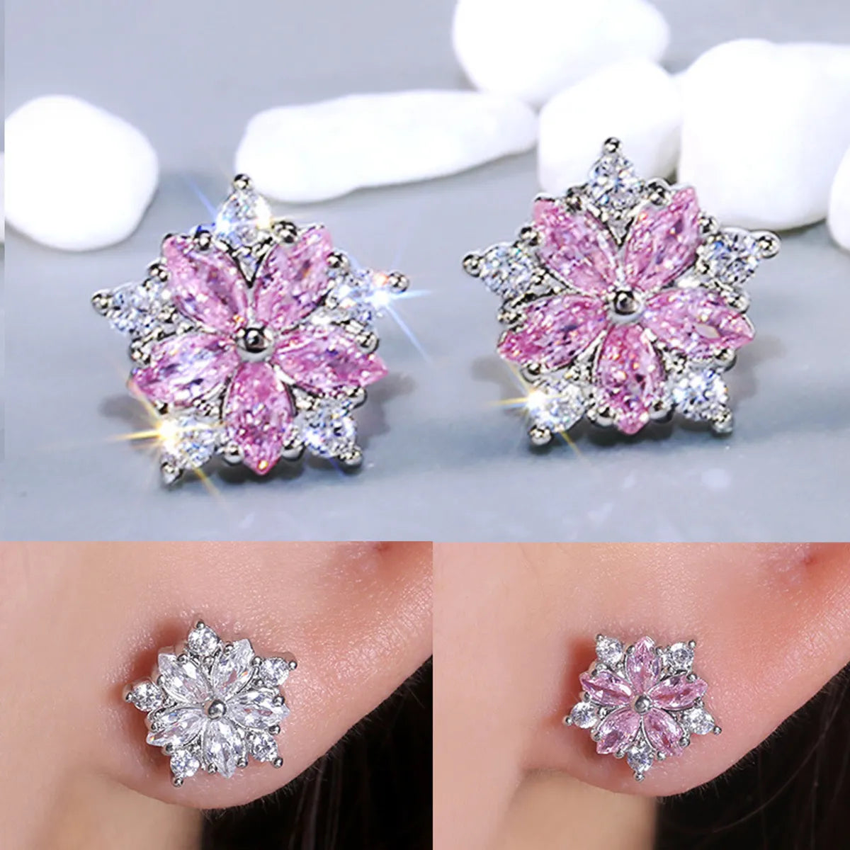 Simple Geometric Flower Shaped Inlaid Zircon Copper Earrings Wholesale