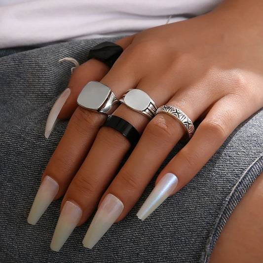 Cross-border New Arrival Ring 5-piece Set European And American Simple Geometric Glossy Trendy Two-color Set Ring Shank Ring