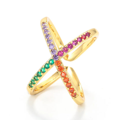 Simple Geometric Irregular Hollow Cross Copper Inlaid Color Zircon Ring Wholesale Gooddiy