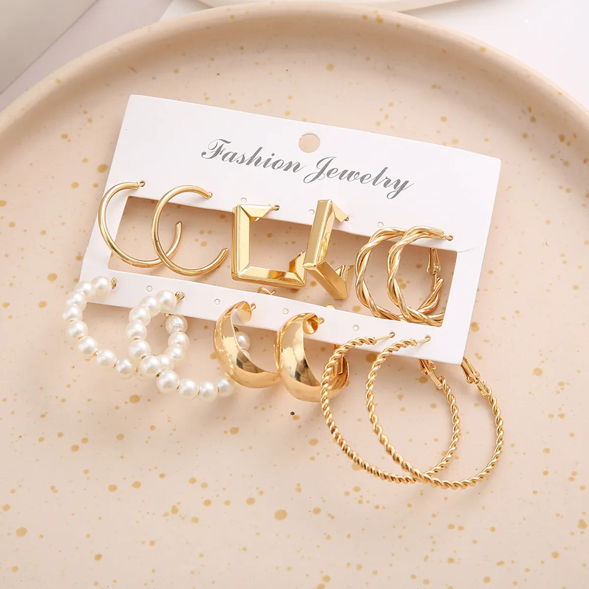 Simple Golden Geometric Pearl Alloy 6-Piece Hoop Earrings Set