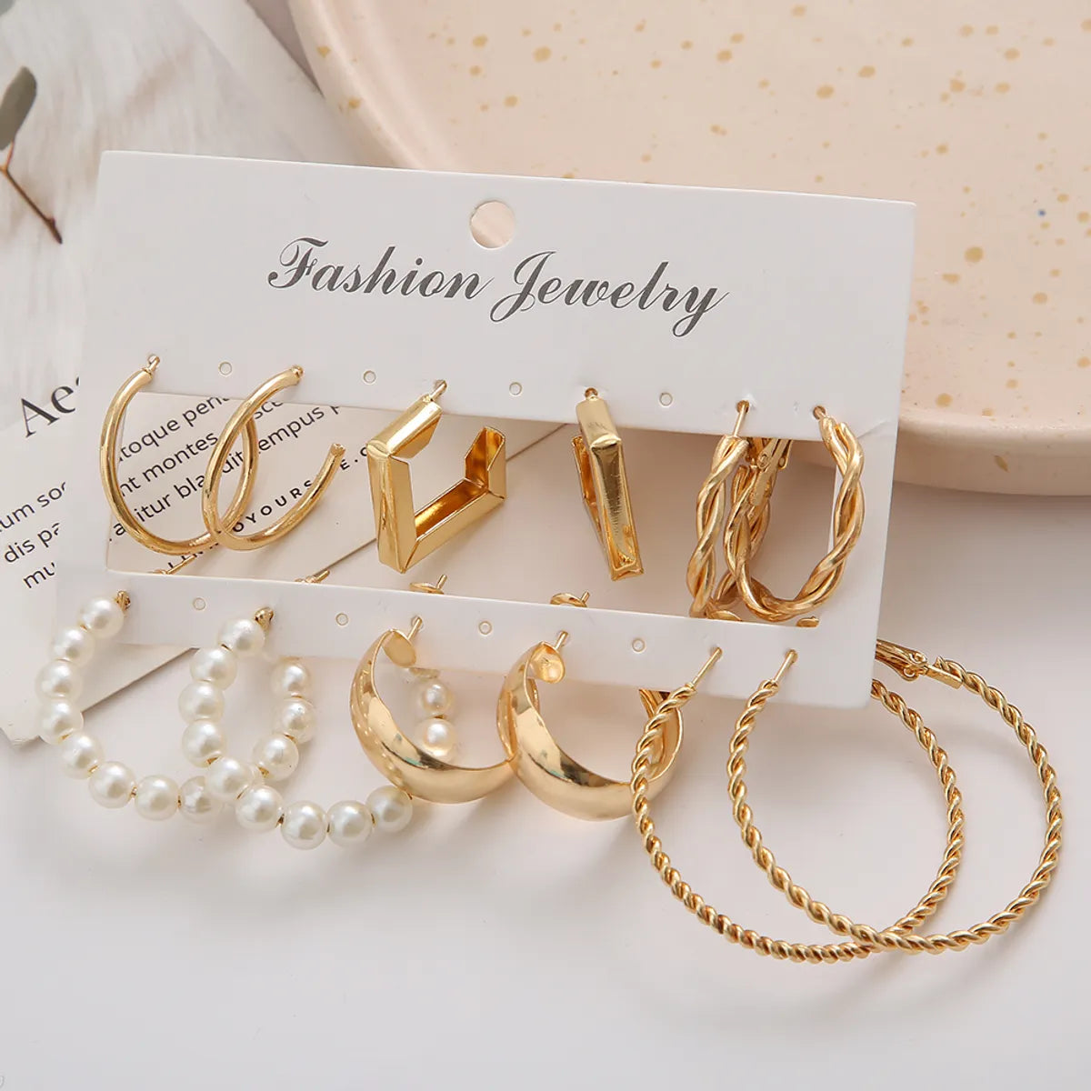 Simple Golden Geometric Pearl Alloy 6-Piece Hoop Earrings Set