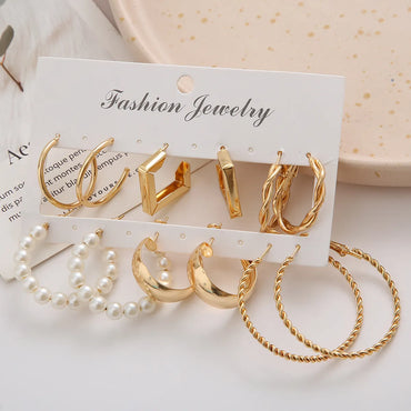 Simple Golden Geometric Pearl Alloy 6-Piece Hoop Earrings Set