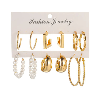 Simple Golden Geometric Pearl Alloy 6-Piece Hoop Earrings Set