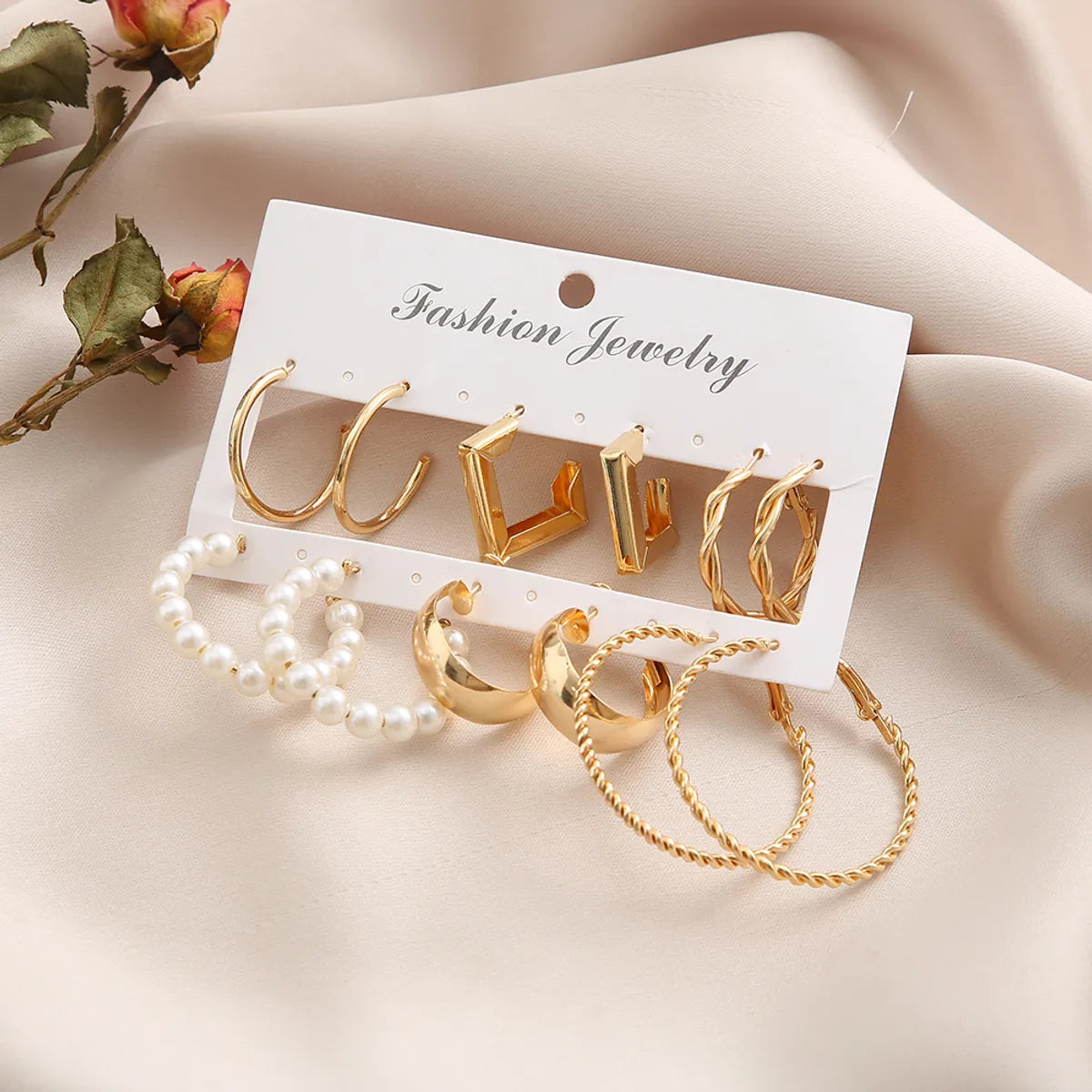 Simple Golden Geometric Pearl Alloy 6-Piece Hoop Earrings Set