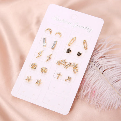 Simple Heart Shape Star Moon Cross Lightning Paper Clip Diamond Earrings 9-Piece Set