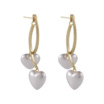 Simple Heart-shaped Pearl Cross Long Earrings