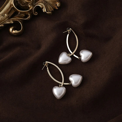 Simple Heart-shaped Pearl Cross Long Earrings