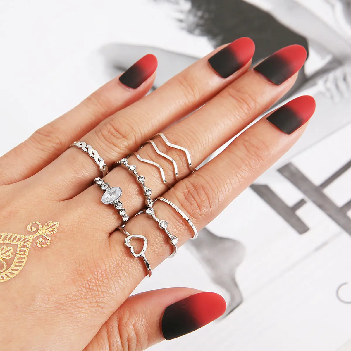 Simple Hollow Geometric Wave Shape Alloy Plating Ring 9 Sets