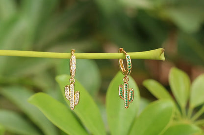 Simple Inlaid Green Zircon Cactus Long Earrings