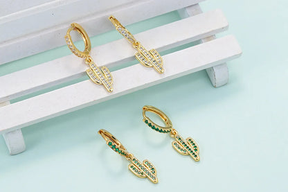 Simple Inlaid Green Zircon Cactus Long Earrings