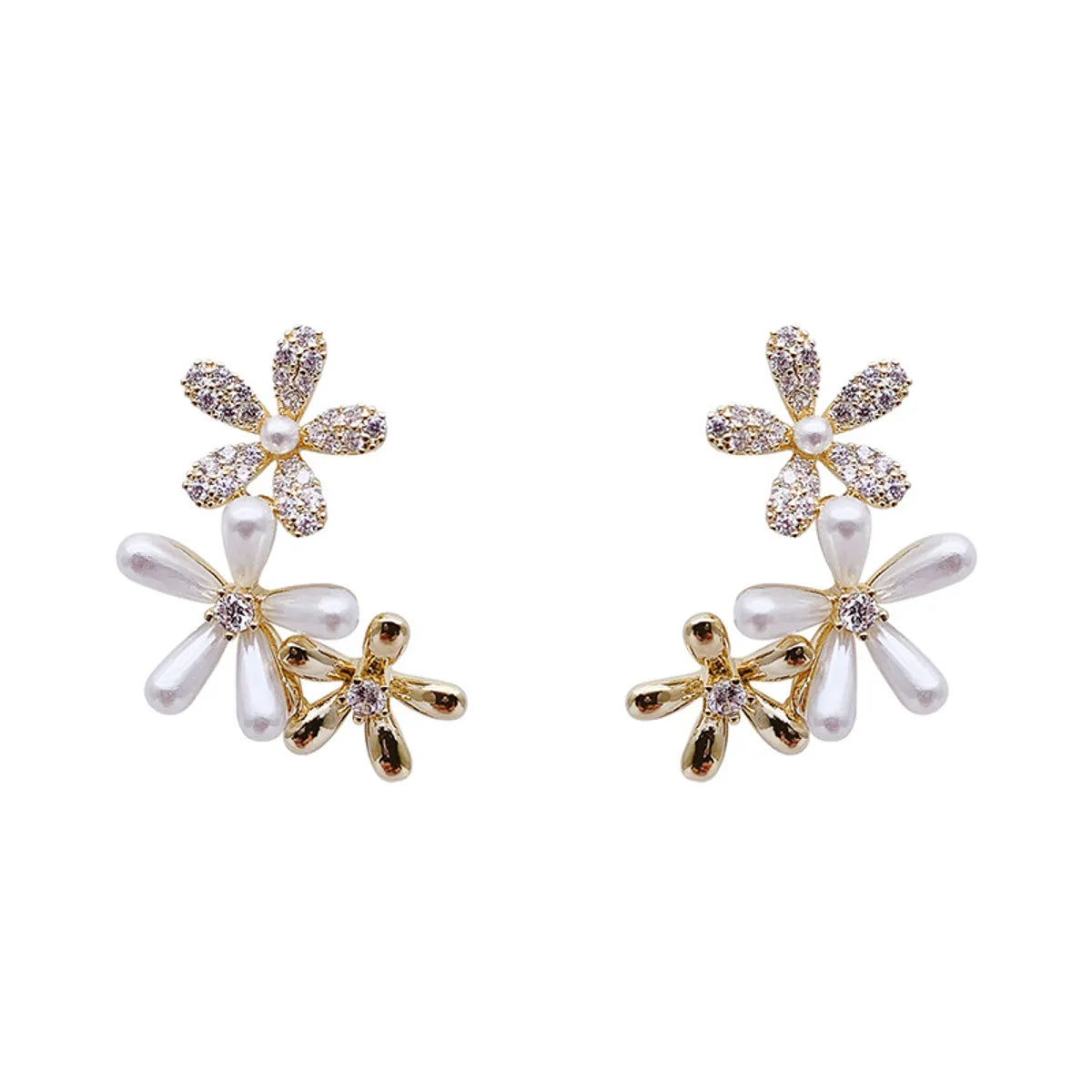 Simple Inlaid Zircon Pearl Flower Shaped Alloy Earrings Wholesale