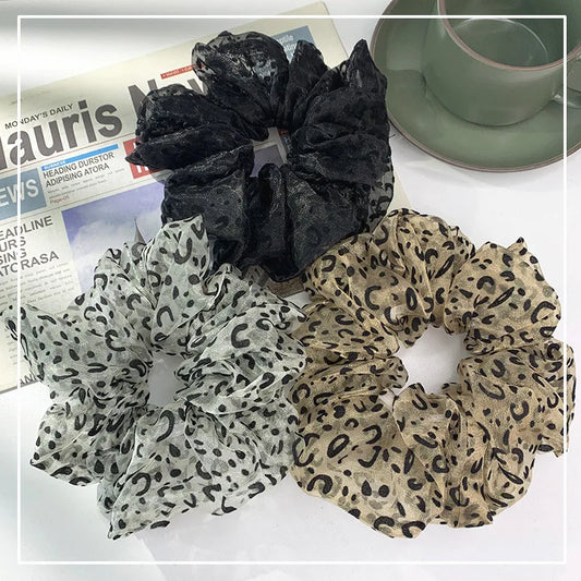 Simple Korean Fashion Style Leopard Mesh Hair Scrunchies