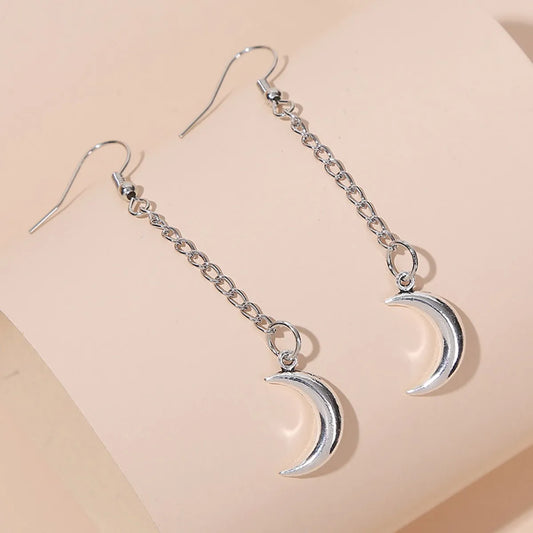 Simple Long Silver Chain Moon Earrings