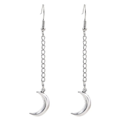 Simple Long Silver Chain Moon Earrings