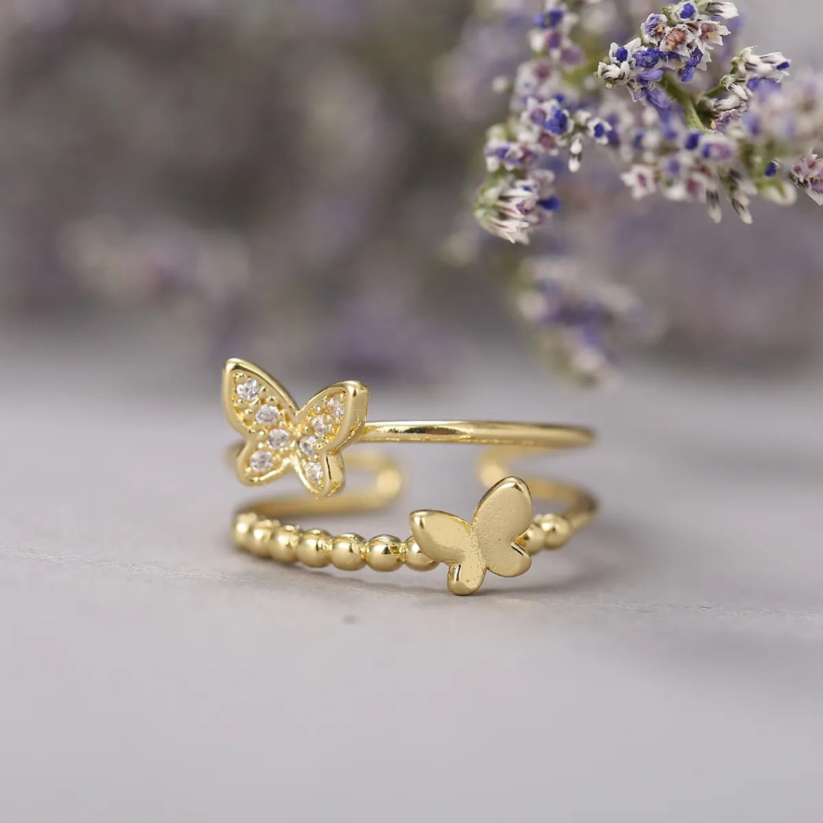 Simple Micro Inlay Butterfly Double Ring