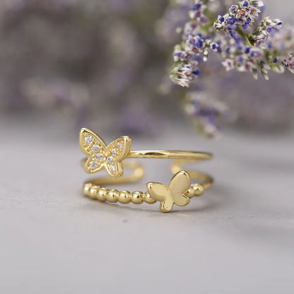 Simple Micro Inlay Butterfly Double Ring