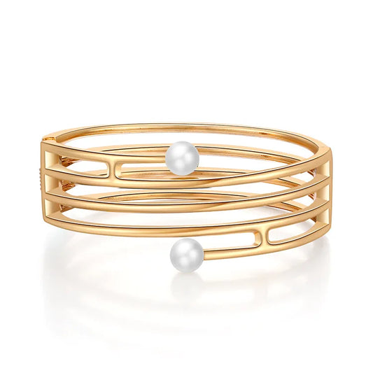 Simple Multi-Layer Hollow Line-Shaped Double-Headed Pearl Gold Bracelet