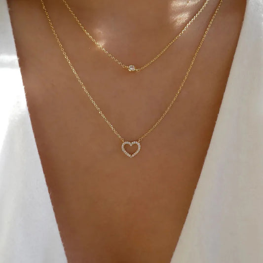 Simple New Small Round Rhinestone Heart Circle Double Layer Necklace