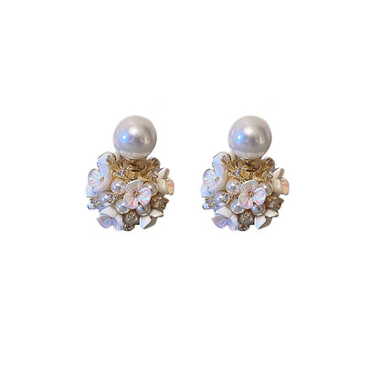 Flower Inlaid Pearls Alloy Artificial Gemstones Earrings