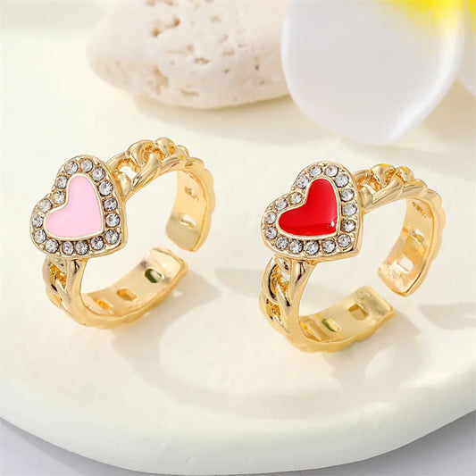 Simple Rhinestone Dripping Oil Heart Geometric Open Ring Female