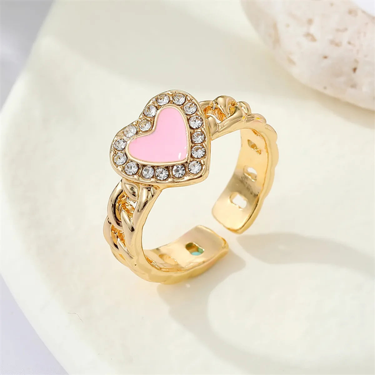 Simple Rhinestone Dripping Oil Heart Geometric Open Ring Female