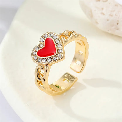 Simple Rhinestone Dripping Oil Heart Geometric Open Ring Female